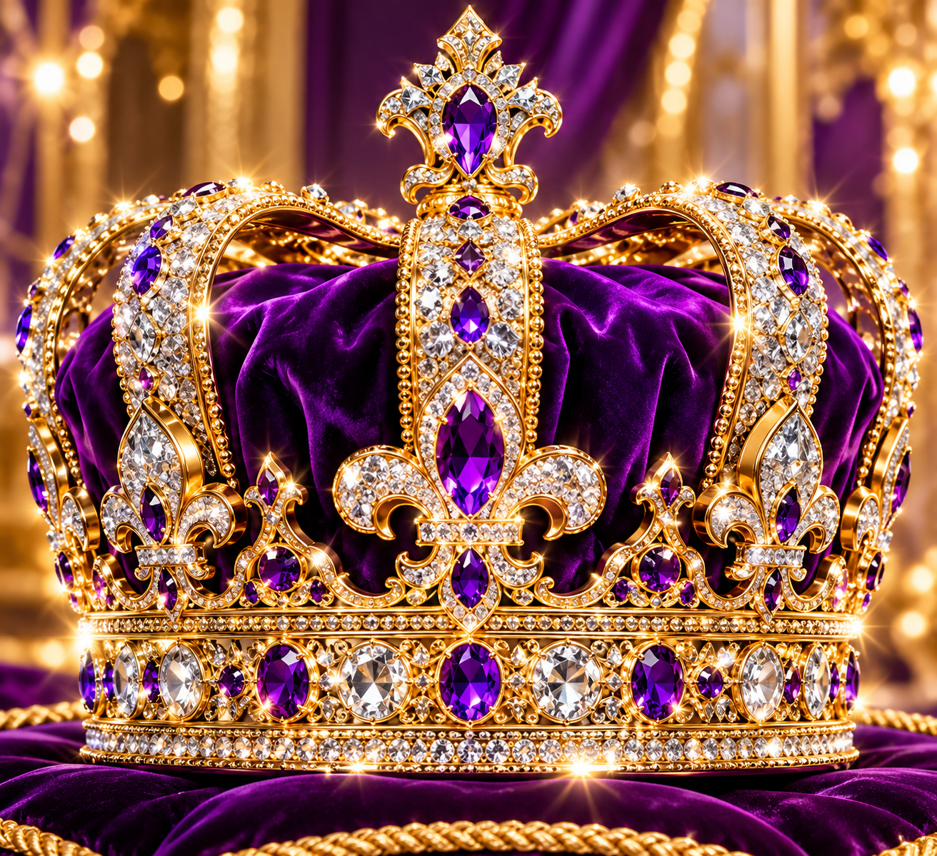 One royal purple velvet crown adorned with gold, silver and purple jewels