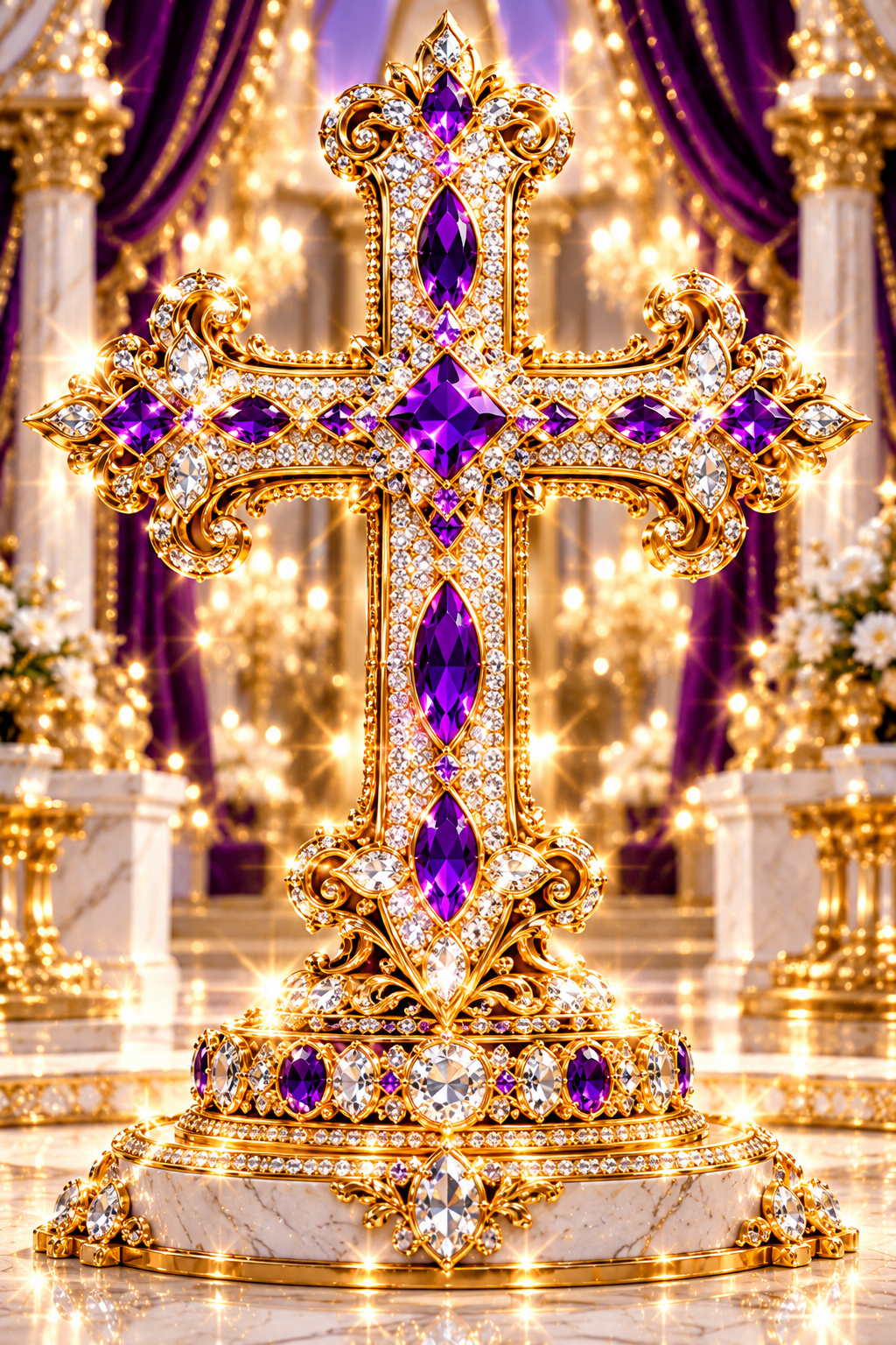 Photorealistic jeweled gold cross with purple amethysts and silver diamonds in a royal cathedral